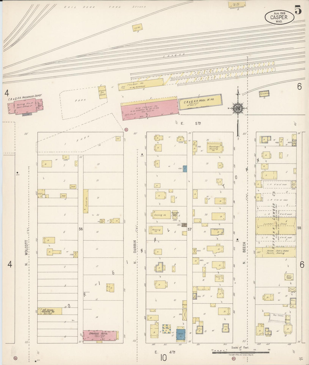 Sanborn Fire Insurance Map from Casper, Natrona County, Wyoming (1918), Sheet #0005 - Complete Map Set gallery image, historic Sanborn map, vintage wall art, Wyoming Wyoming