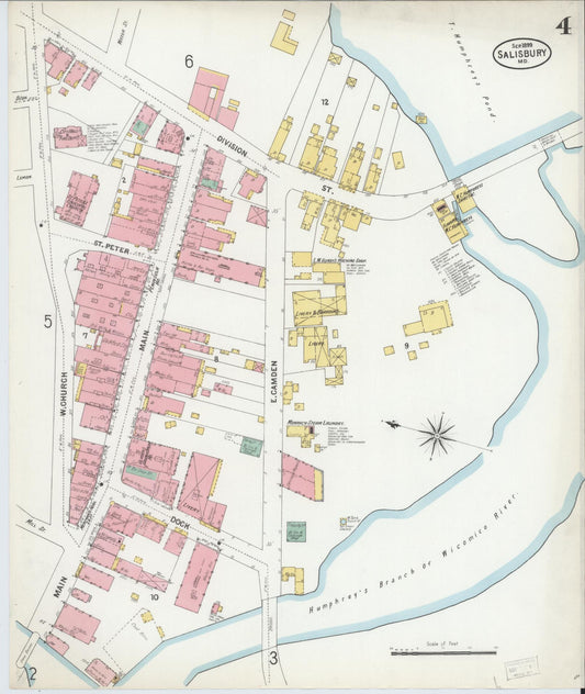 Sanborn Fire Insurance Map from Salisbury, Wicomico County, Maryland (1899), Sheet #0004 - Historic Sanborn Fire Insurance Map Print, vintage old map wall art