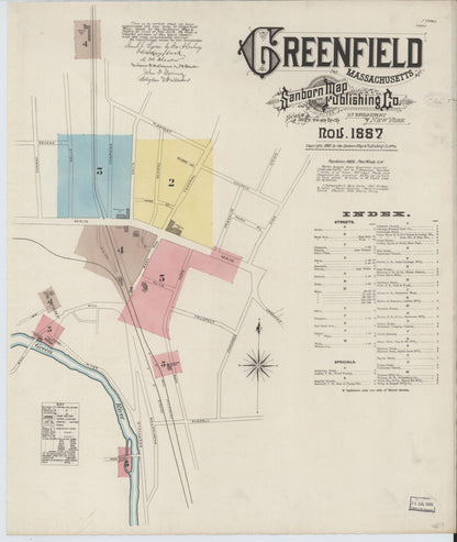 Sanborn Fire Insurance Map from Greenfield, Franklin County, Massachusetts (1887), Sheet #0001 - Historic Sanborn Fire Insurance Map Print, vintage old map wall art, antique decor, genealogy gift, Massachusetts Massachusetts map
