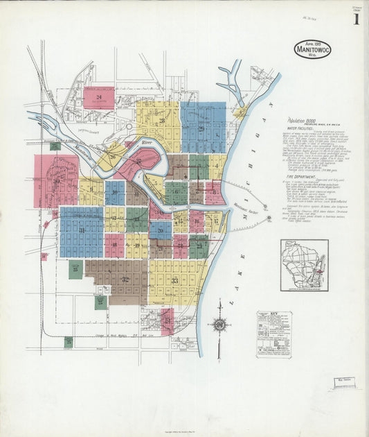 Sanborn Fire Insurance Map from Manitowoc, Manitowoc County, Wisconsin (1919), Sheet #0001 - Complete Map Set gallery image, historic Sanborn map, vintage wall art, Wisconsin Wisconsin