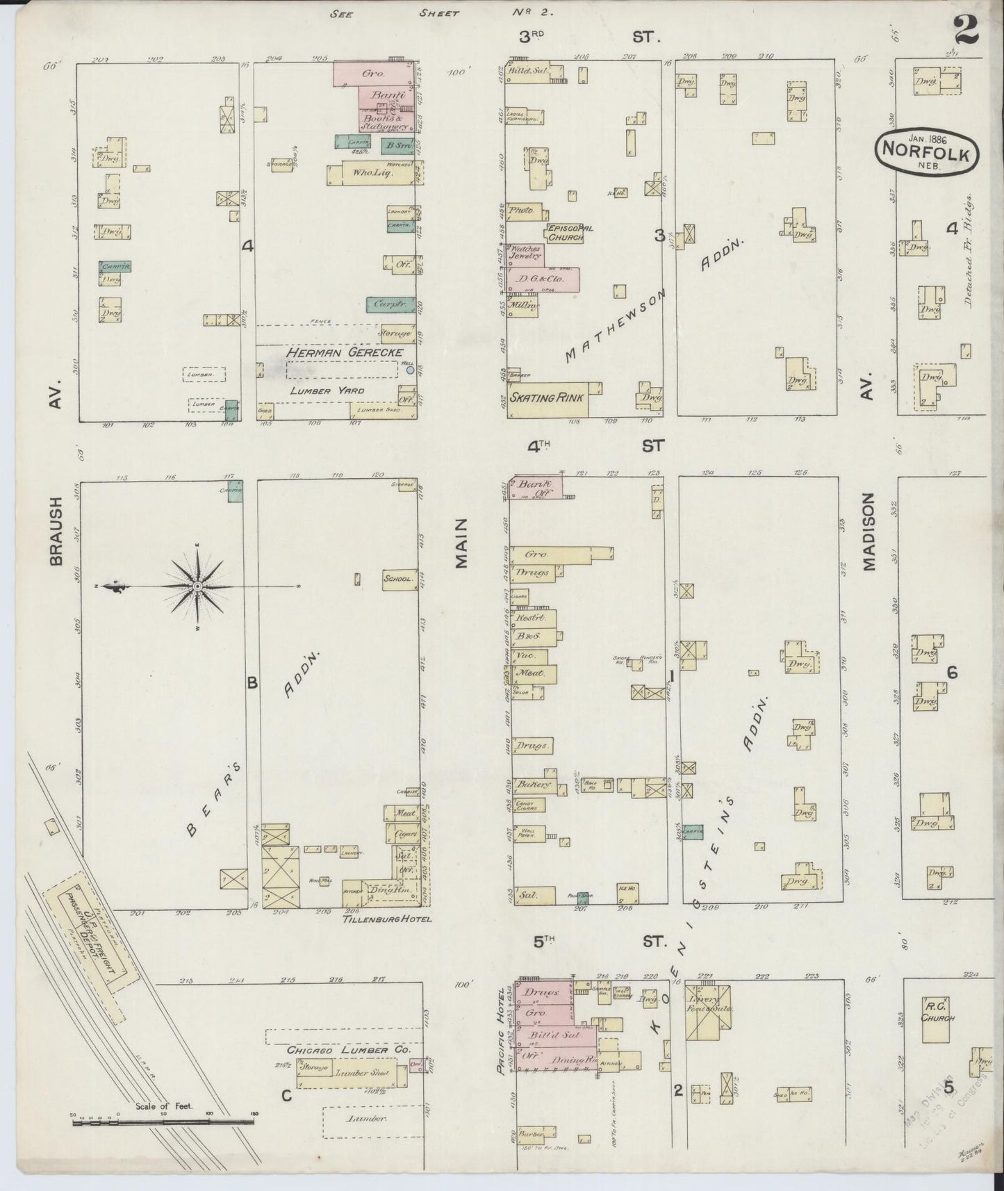 Sanborn Fire Insurance Map from Norfolk, Madison County, Nebraska (1886), Sheet #0002 - Complete Map Set gallery image, historic Sanborn map, vintage wall art, Nebraska Nebraska