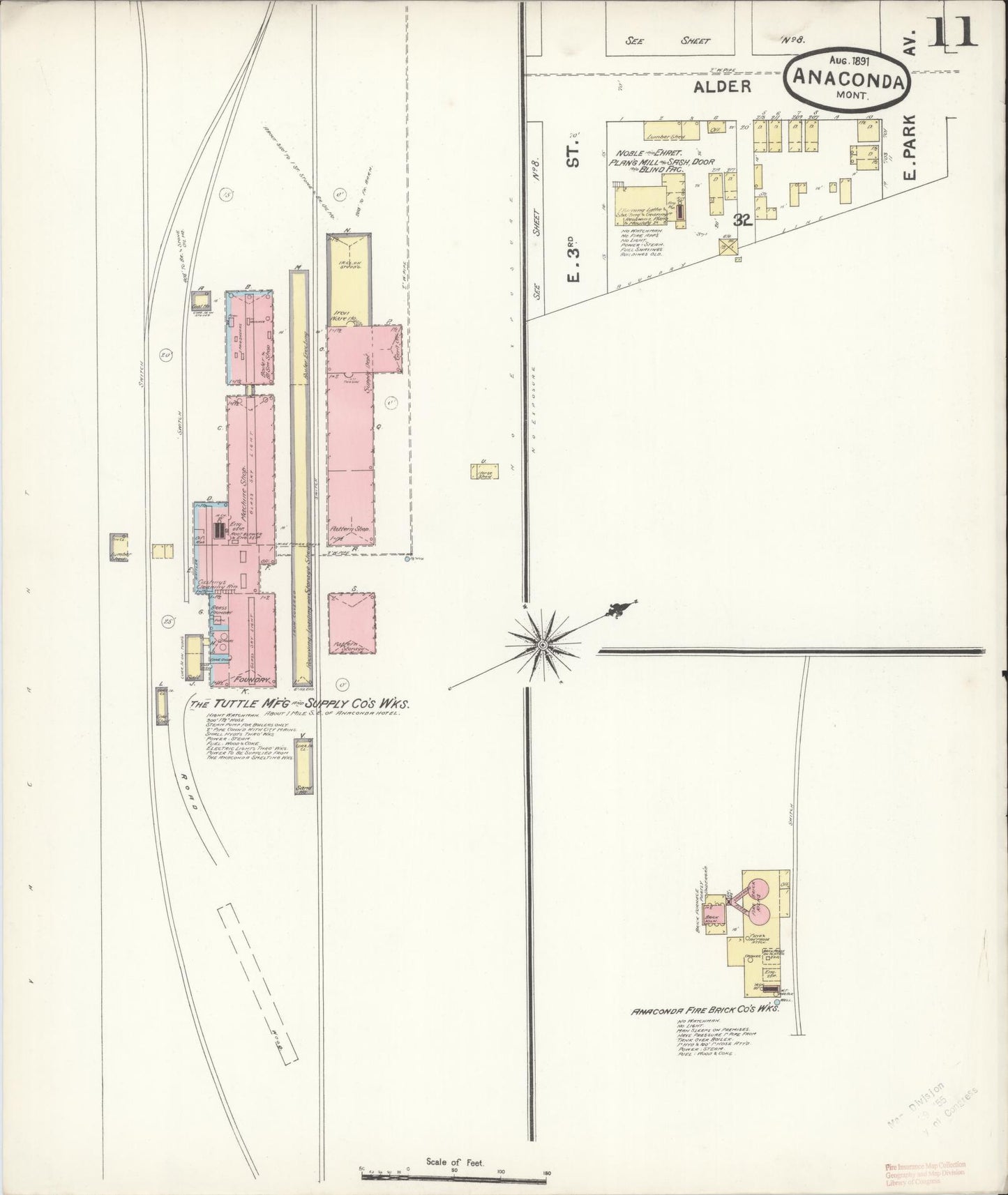Sanborn Fire Insurance Map from Anaconda, Deer Lodge County, Montana (1891), Sheet #0011 - Historic Sanborn Fire Insurance Map Print, vintage old map wall art, antique decor, genealogy gift, Montana Montana map