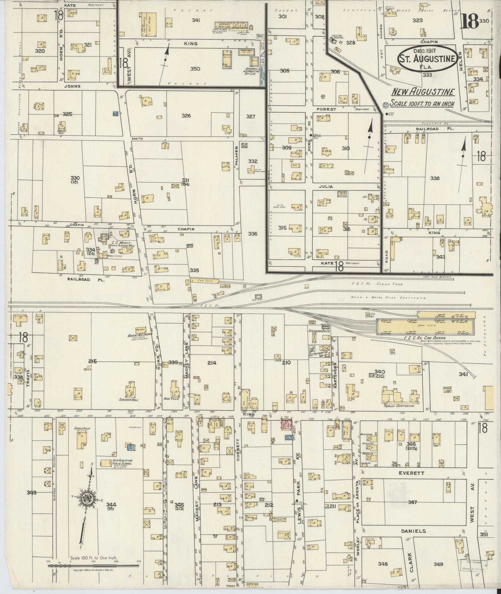 Sanborn Fire Insurance Map from Saint Augustine, Saint John's County, Florida (1917), Sheet #0018 - Historic Sanborn Fire Insurance Map Print, vintage old map wall art, antique decor, genealogy gift, Florida Florida map