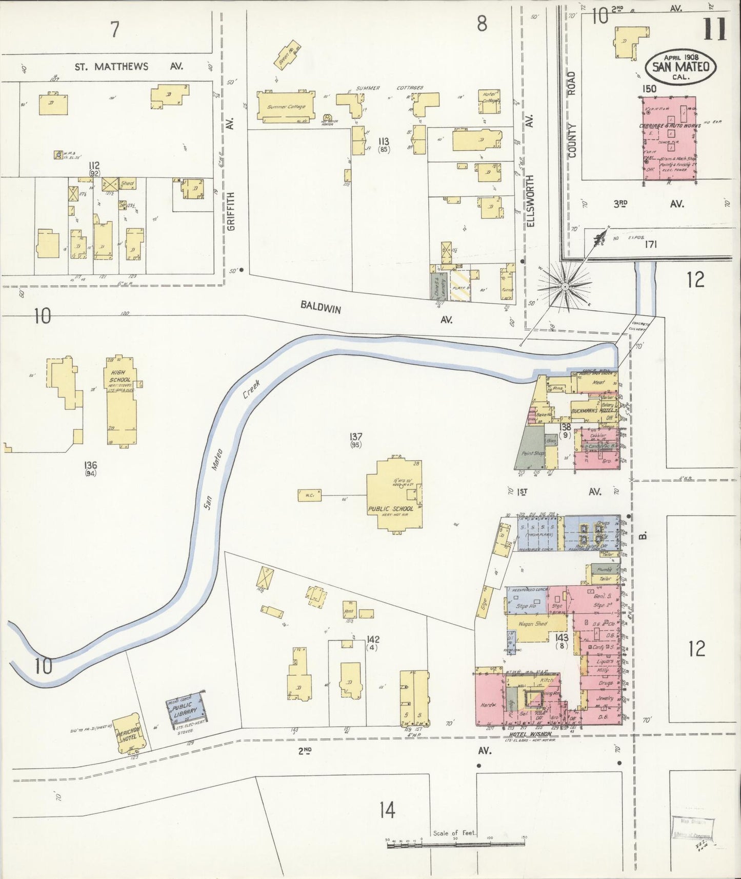 Sanborn Fire Insurance Map from San Mateo, San Mateo County, California (1908), Sheet #0011 - Complete Map Set gallery image, historic Sanborn map, vintage wall art, California California