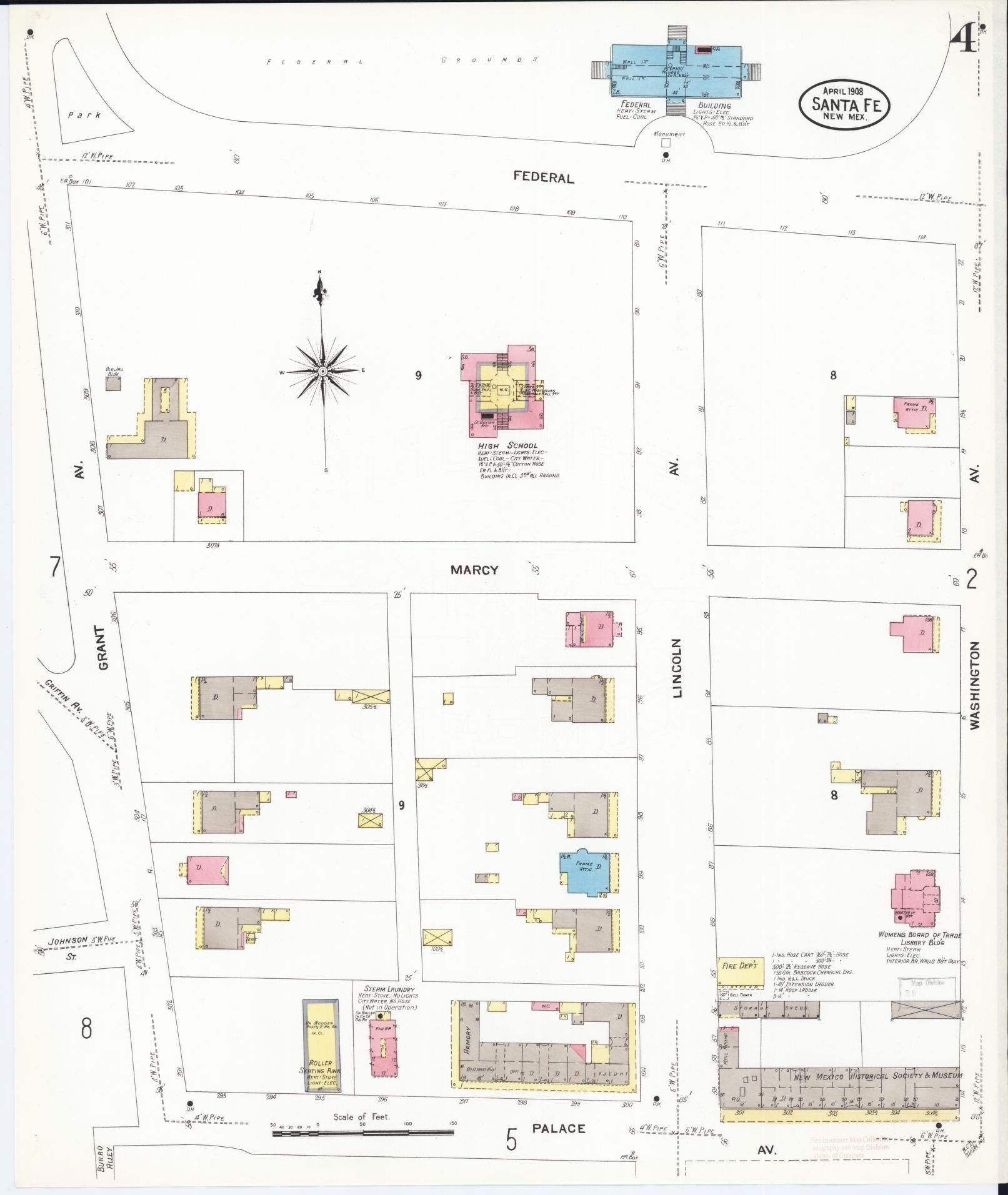 Sanborn Fire Insurance Map from Santa Fe, Santa Fe County, New Mexico (1908), Sheet #0004 - Complete Map Set gallery image, historic Sanborn map, vintage wall art, New Mexico New Mexico