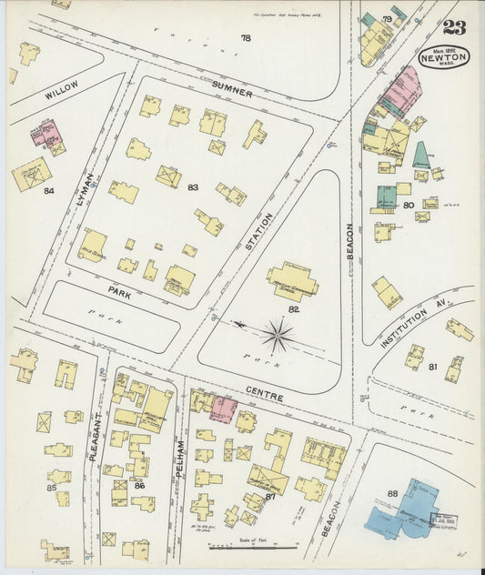 Sanborn Fire Insurance Map from Newton, Middlesex County, Massachusetts (1892), Sheet #0023 - Historic Sanborn Fire Insurance Map Print, vintage old map wall art, antique decor, genealogy gift, Massachusetts Massachusetts map