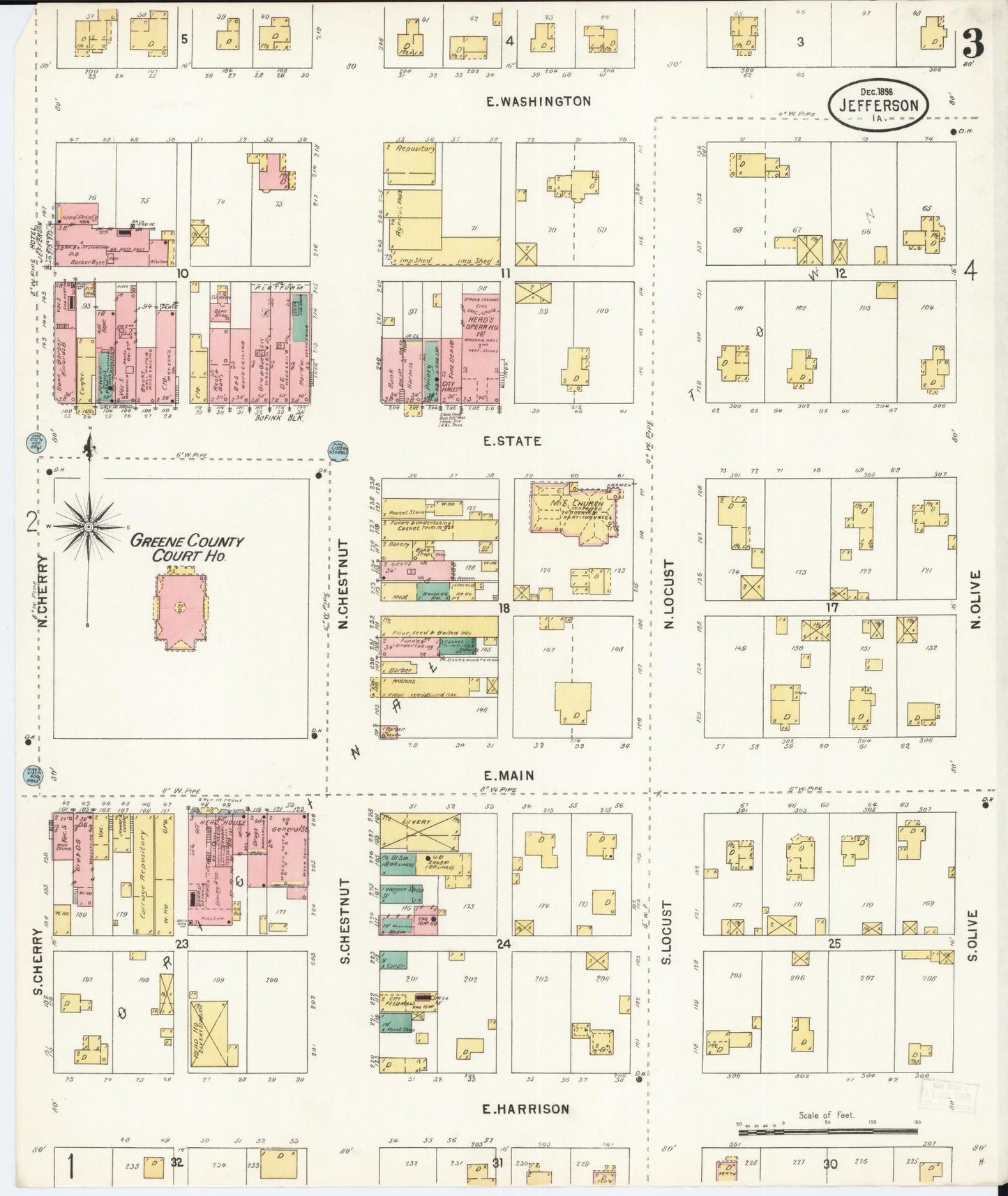 Sanborn Fire Insurance Map from Jefferson, Greene County, Iowa (1898), Sheet #0003 - Historic Sanborn Fire Insurance Map Print, vintage old map wall art