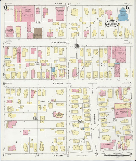 Sanborn Fire Insurance Map from Ann Arbor, Washtenaw County, Michigan (1925), Sheet #0006 - Historic Sanborn Fire Insurance Map Print, vintage old map wall art, antique decor, genealogy gift, Michigan Michigan map