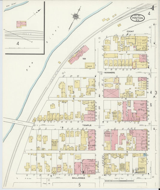 Sanborn Fire Insurance Map from Hinton, Summer County, West Virginia (1910), Sheet #0004 - Historic Sanborn Fire Insurance Map Print, vintage old map wall art, antique decor, genealogy gift, West Virginia West Virginia map