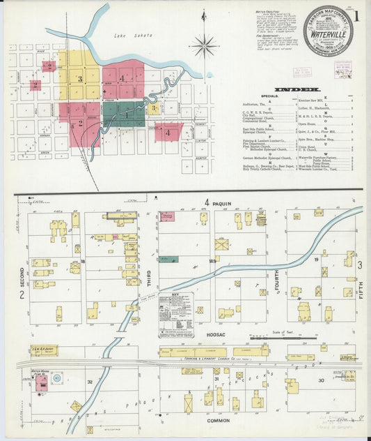 Sanborn Fire Insurance Map from Waterville, Le Sueur County, Minnesota (1909), Sheet #0001 - Historic Sanborn Fire Insurance Map Print, vintage old map wall art, antique decor, genealogy gift, Minnesota Minnesota map