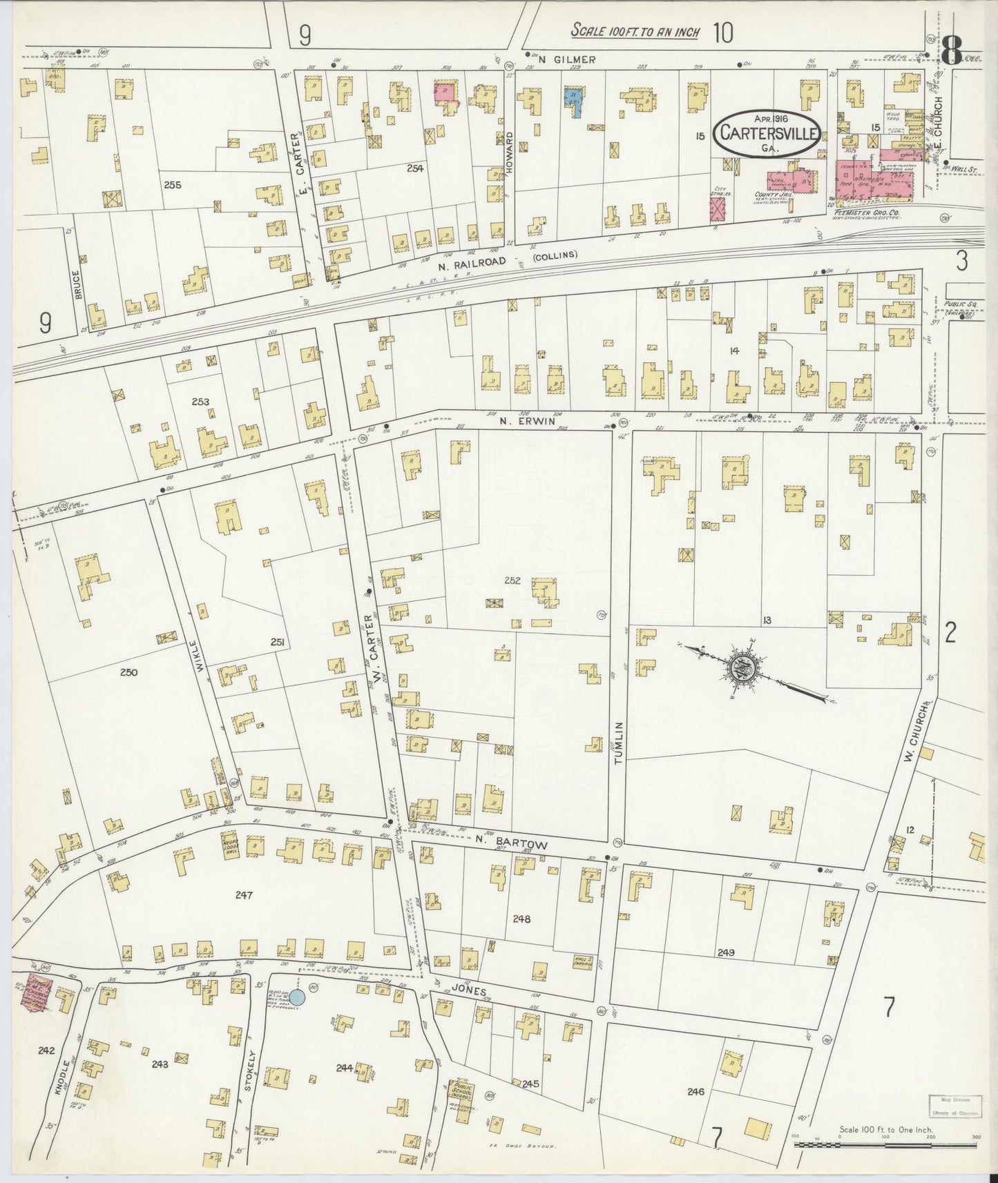 Sanborn Fire Insurance Map from Cartersville, Bartow County, Georgia (1916), Sheet #0008 - Complete Map Set gallery image, historic Sanborn map, vintage wall art, Georgia Georgia