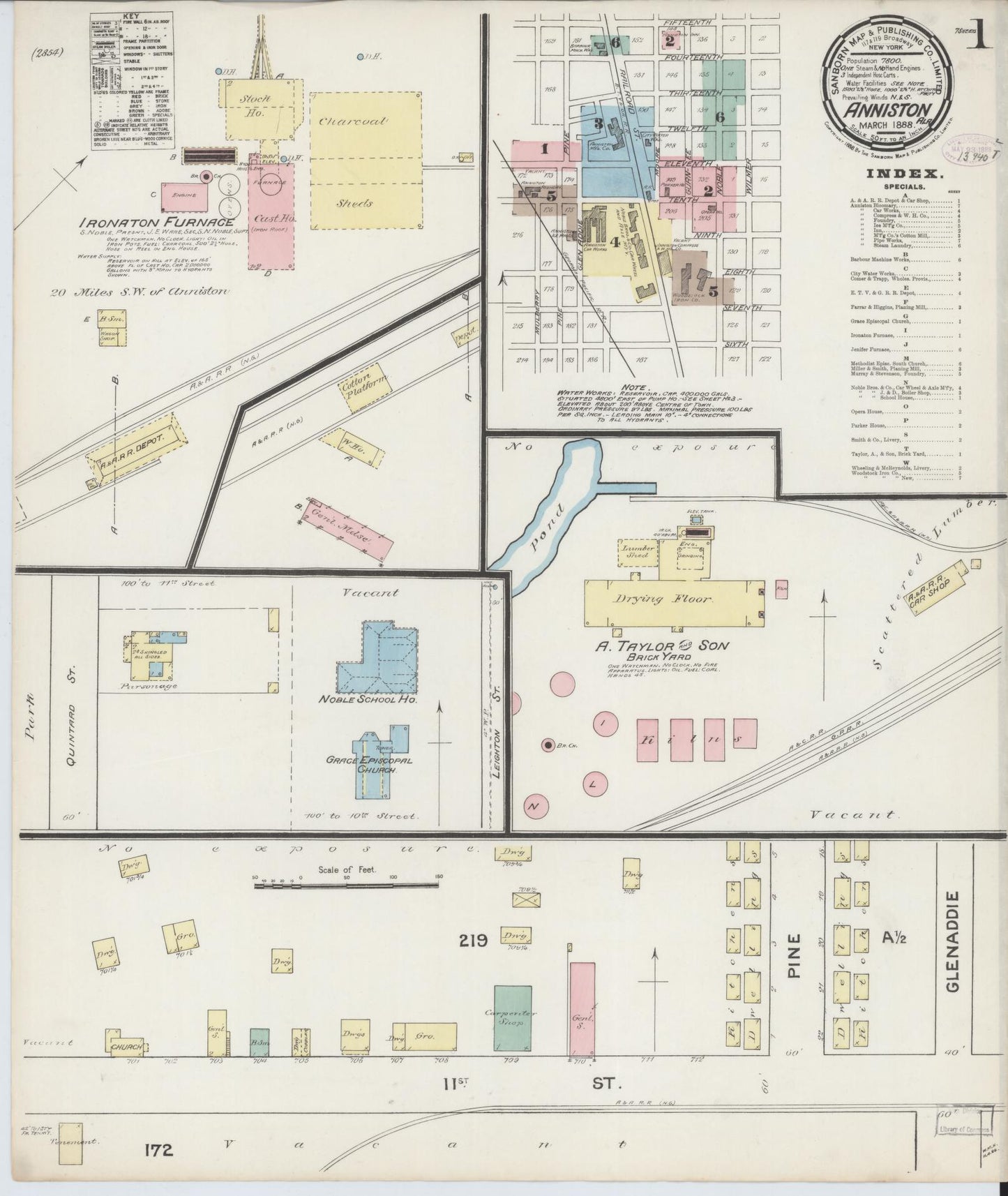 Sanborn Fire Insurance Map from Anniston, Calhoun County, Alabama (1888), Sheet #0001 - Complete Map Set gallery image, historic Sanborn map, vintage wall art, Alabama Alabama