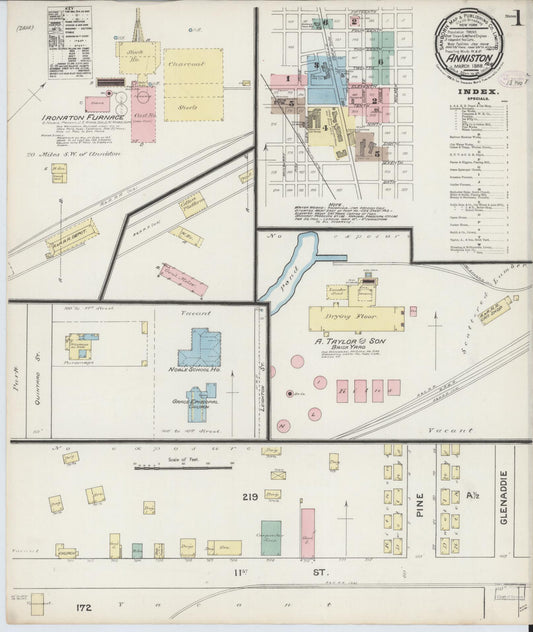 Sanborn Fire Insurance Map from Anniston, Calhoun County, Alabama (1888), Sheet #0001 - Complete Map Set gallery image, historic Sanborn map, vintage wall art, Alabama Alabama