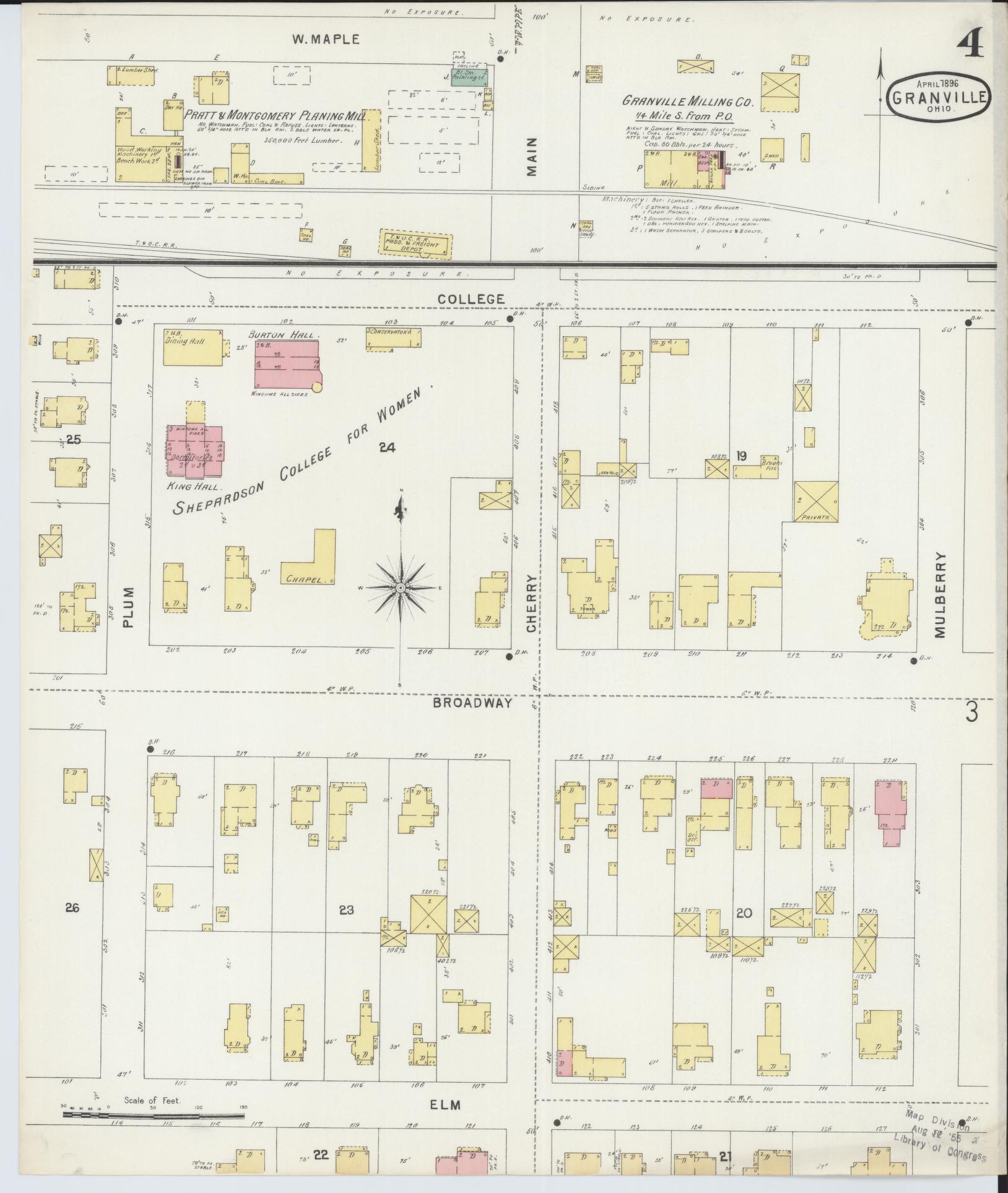 Sanborn Fire Insurance Map from Granville, Licking County, Ohio (1896), Sheet #0004 - Historic Sanborn Fire Insurance Map Print, vintage old map wall art, antique decor, genealogy gift, Ohio Ohio map