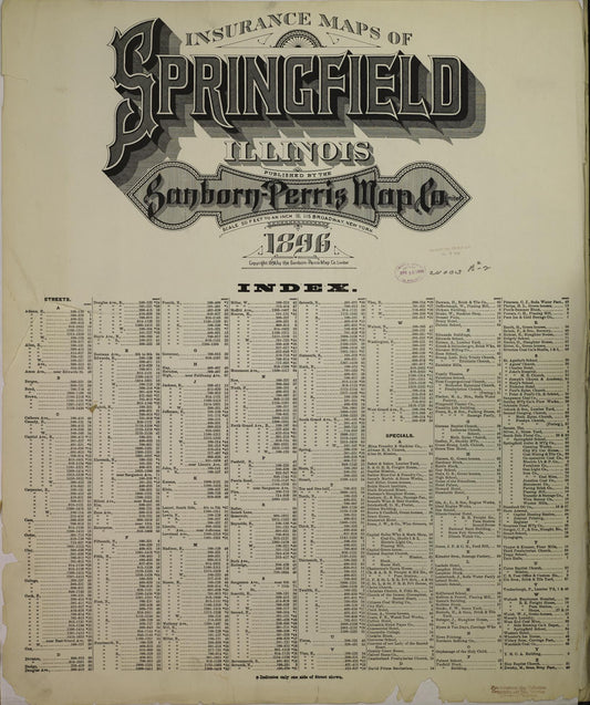 Sanborn Fire Insurance Map from Springfield, Sangamon County, Illinois (1896), Sheet #0001 - Historic Sanborn Fire Insurance Map Print, vintage old map wall art, antique decor, genealogy gift, Illinois Illinois map