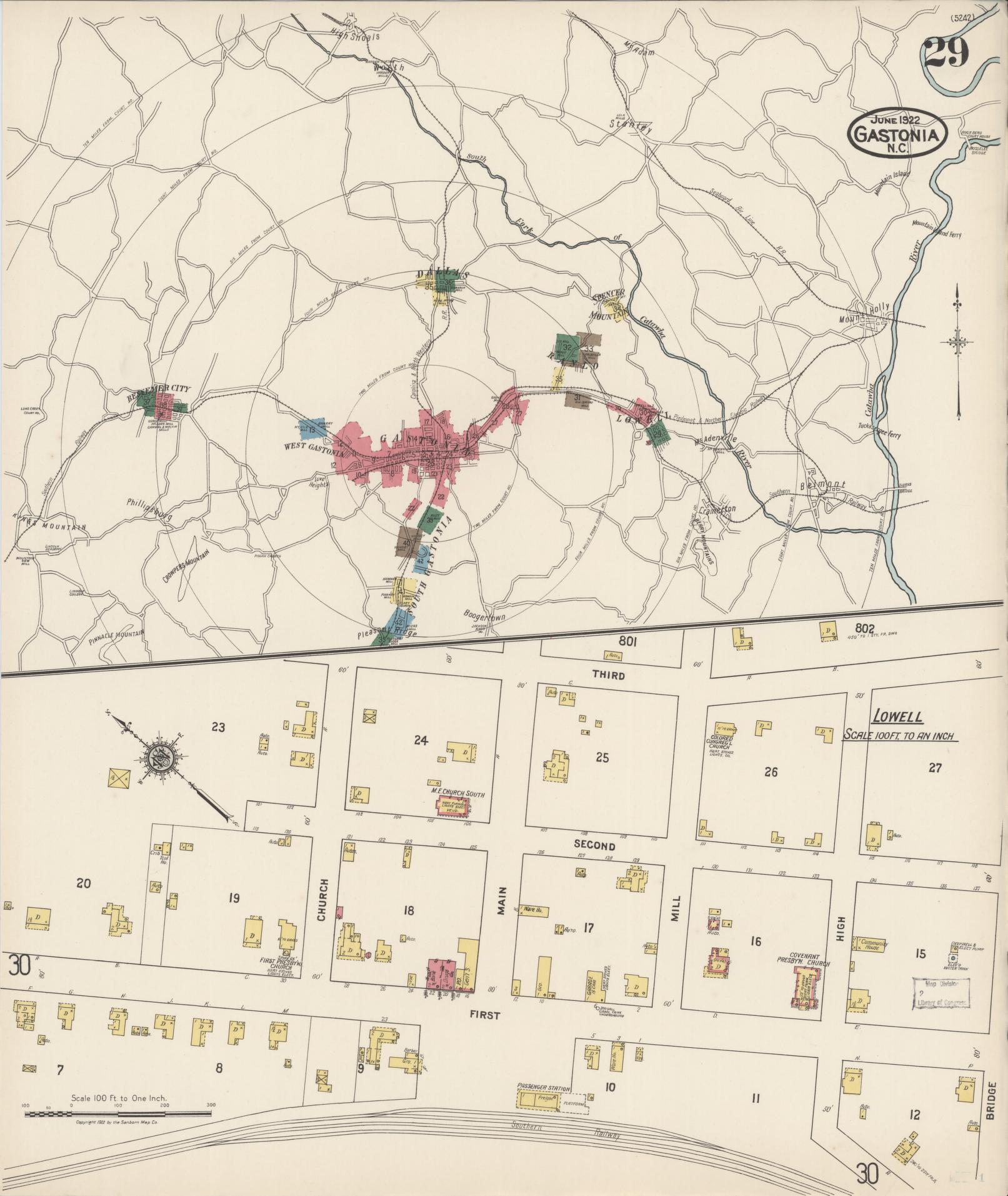 Sanborn Fire Insurance Map from Gastonia, Gaston County, North Carolina (1922), Sheet #0029 - Complete Map Set gallery image, historic Sanborn map, vintage wall art, North Carolina North Carolina