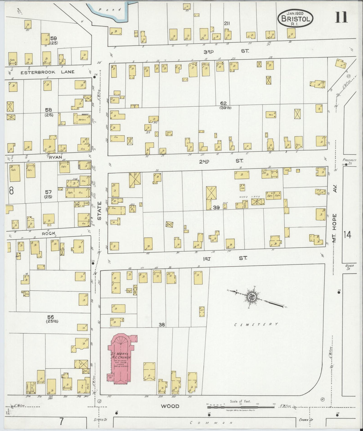 Sanborn Fire Insurance Map from Bristol, Bristol County, Rhode Island (1920), Sheet #0011 - Historic Sanborn Fire Insurance Map Print, vintage old map wall art, antique decor, genealogy gift, Rhode Island Rhode Island map
