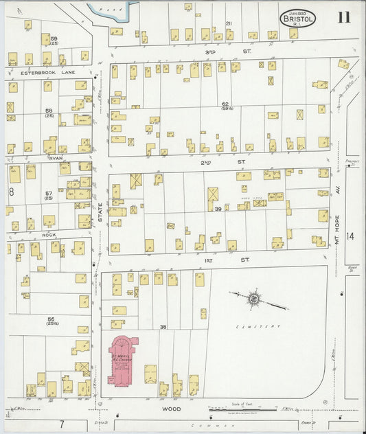 Sanborn Fire Insurance Map from Bristol, Bristol County, Rhode Island (1920), Sheet #0011 - Historic Sanborn Fire Insurance Map Print, vintage old map wall art, antique decor, genealogy gift, Rhode Island Rhode Island map