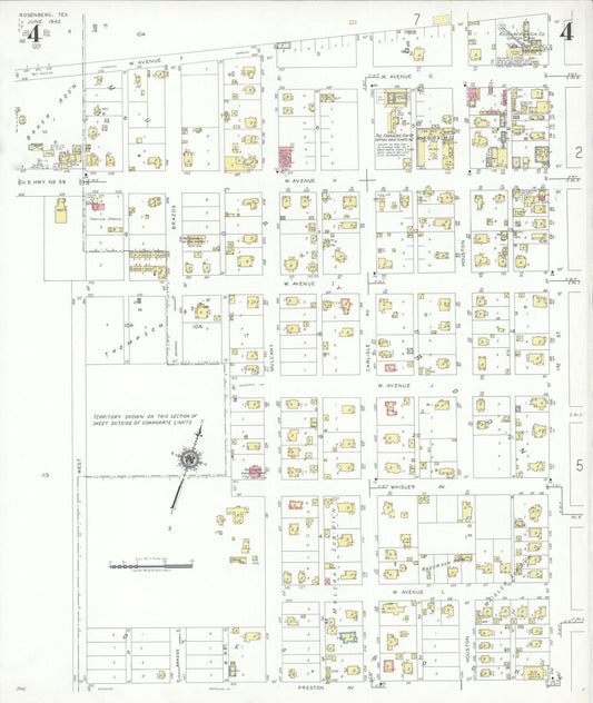 Sanborn Fire Insurance Map from Rosenberg, Fort Bend County, Texas (1942), Sheet #0004 - Historic Sanborn Fire Insurance Map Print, vintage old map wall art, antique decor, genealogy gift, Texas Texas map