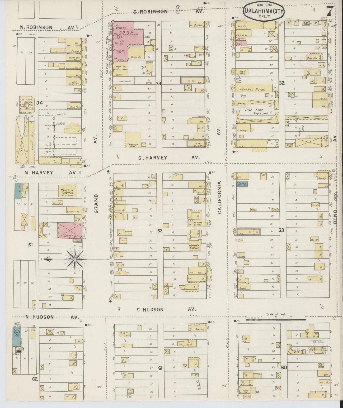 Sanborn Fire Insurance Map from Oklahoma City, Oklahoma County, Oklahoma (1894), Sheet #0007 - Complete Map Set gallery image, historic Sanborn map, vintage wall art, Oklahoma City Oklahoma