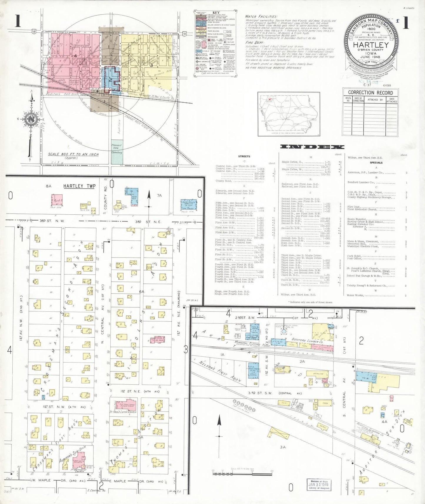 Sanborn Fire Insurance Map from Hartley, O'Brien County, Iowa (1948), Sheet #0001 - Historic Sanborn Fire Insurance Map Print, vintage old map wall art