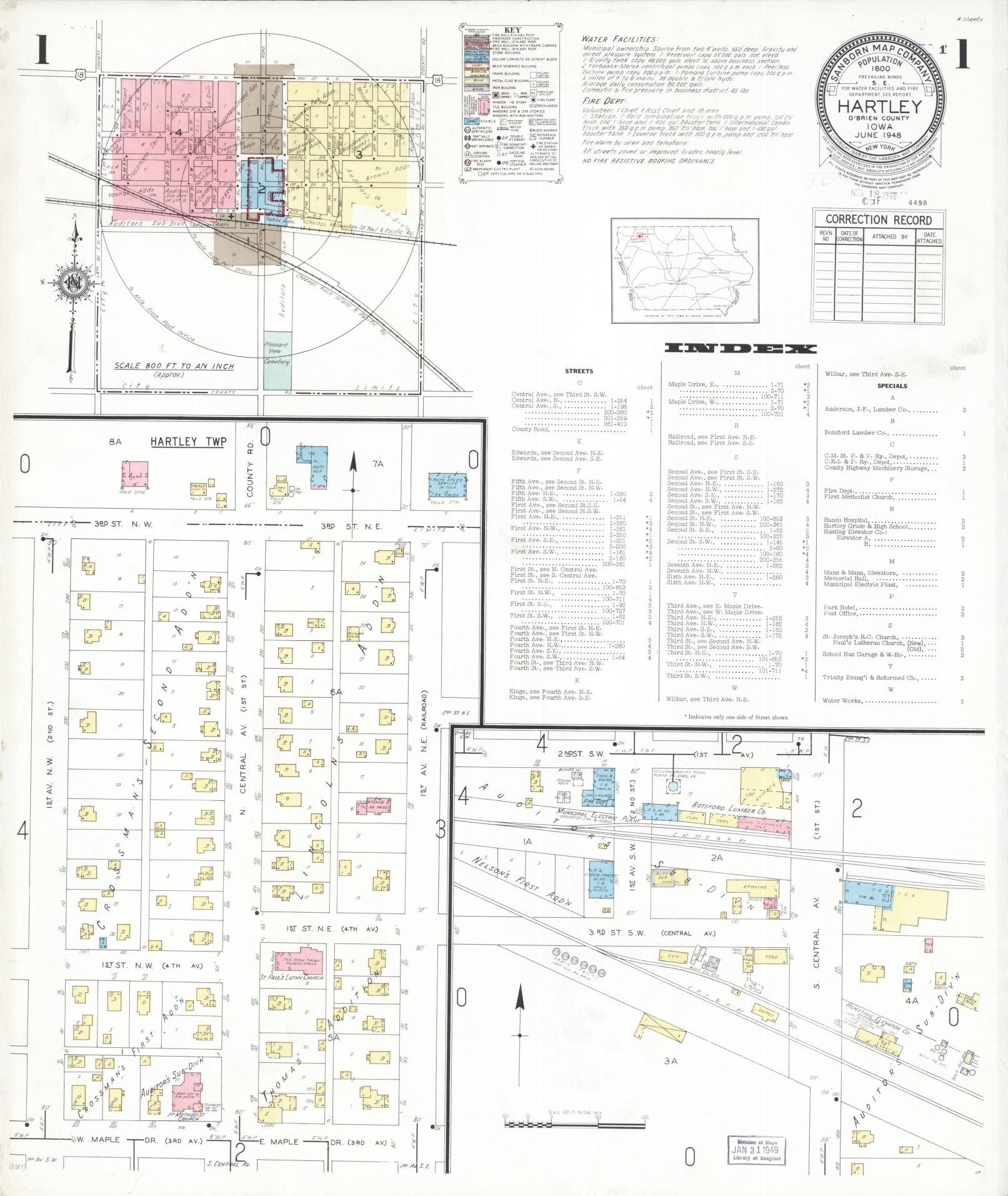 Sanborn Fire Insurance Map from Hartley, O'Brien County, Iowa (1948), Sheet #0001 - Historic Sanborn Fire Insurance Map Print, vintage old map wall art