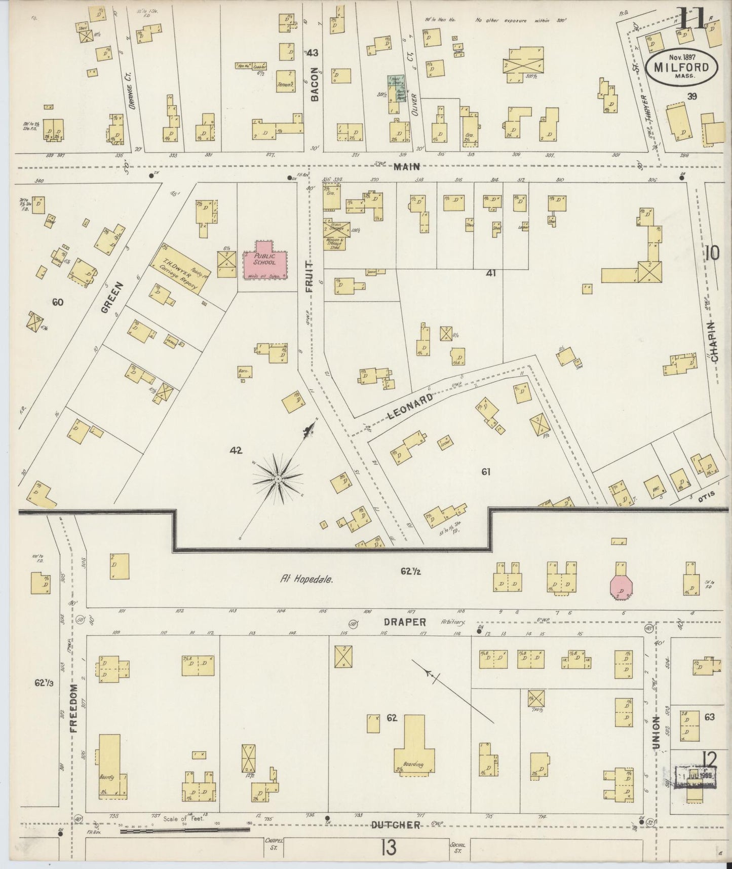 Sanborn Fire Insurance Map from Milford, Worcester County, Massachusetts (1897), Sheet #0011 - Historic Sanborn Fire Insurance Map Print, vintage old map wall art, antique decor, genealogy gift, Massachusetts Massachusetts map