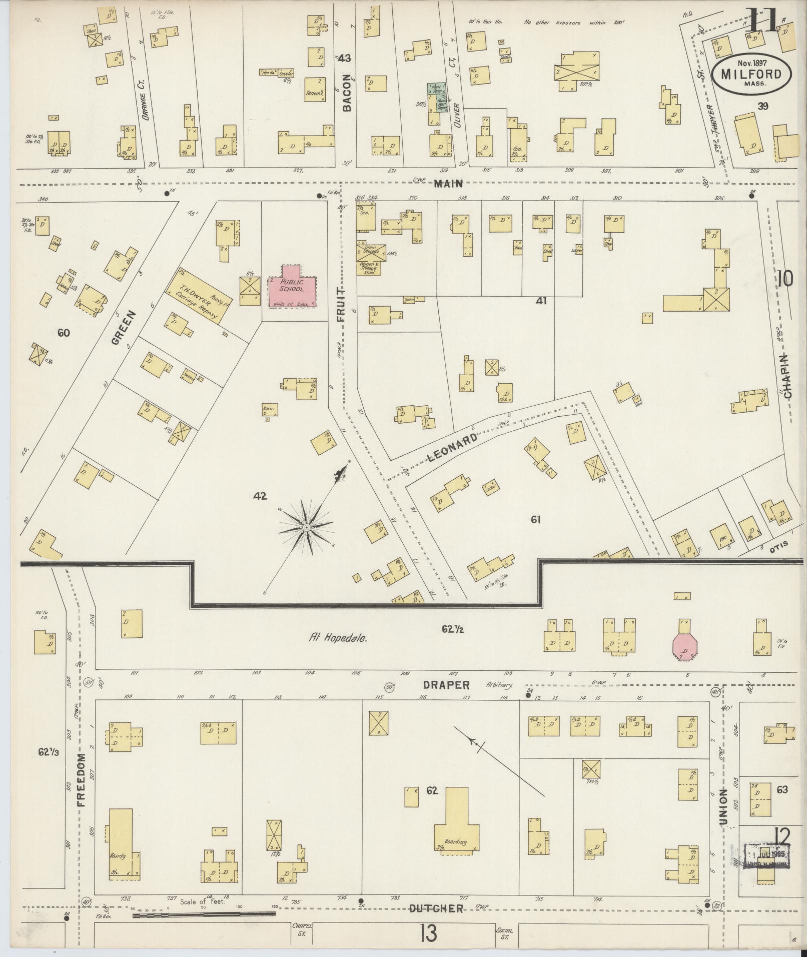 Sanborn Fire Insurance Map from Milford, Worcester County, Massachusetts (1897), Sheet #0011 - Historic Sanborn Fire Insurance Map Print, vintage old map wall art, antique decor, genealogy gift, Massachusetts Massachusetts map