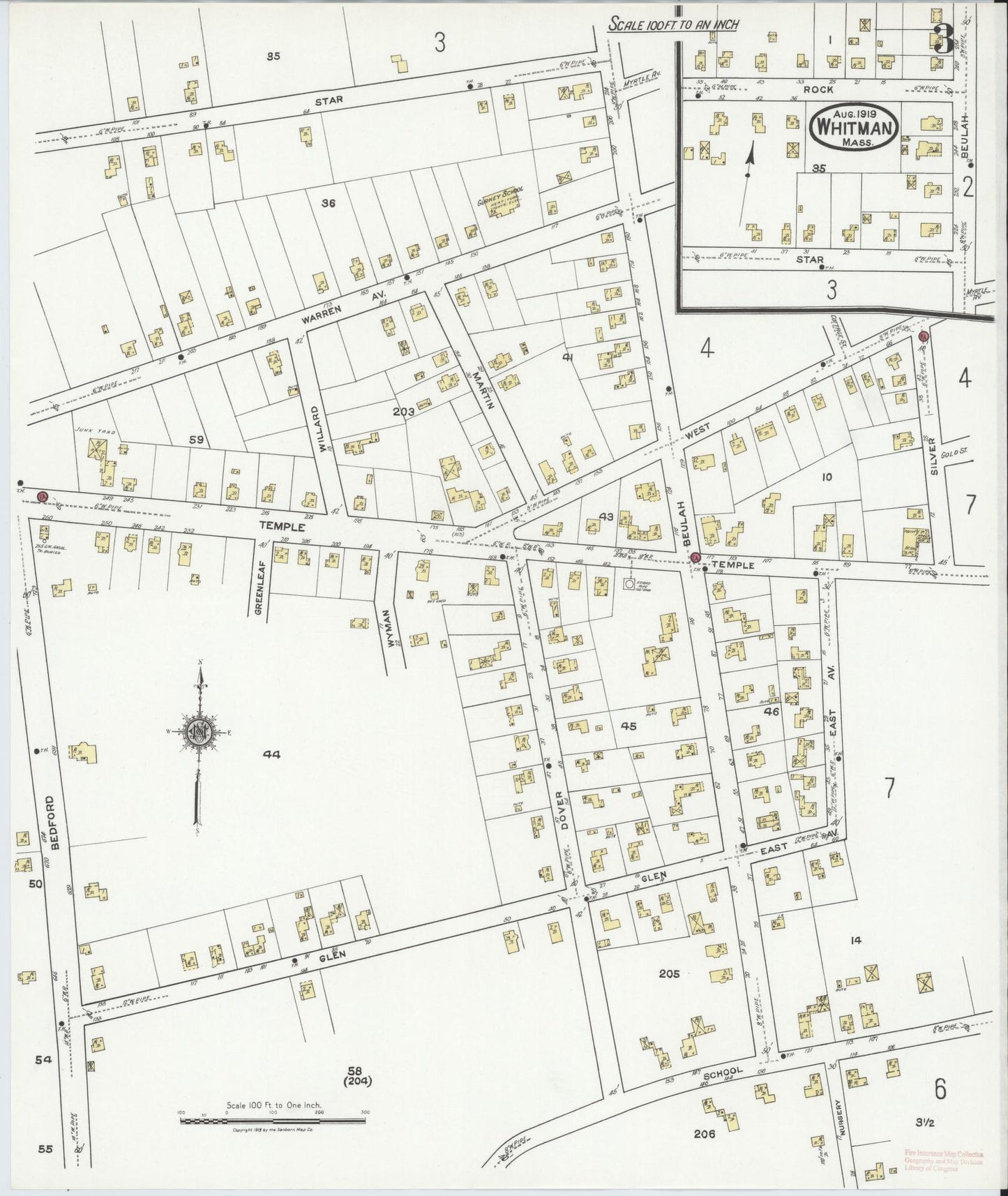 Sanborn Fire Insurance Map from Whitman, Plymouth County, Massachusetts (1919), Sheet #0003 - Historic Sanborn Fire Insurance Map Print, vintage old map wall art, antique decor, genealogy gift, Massachusetts Massachusetts map