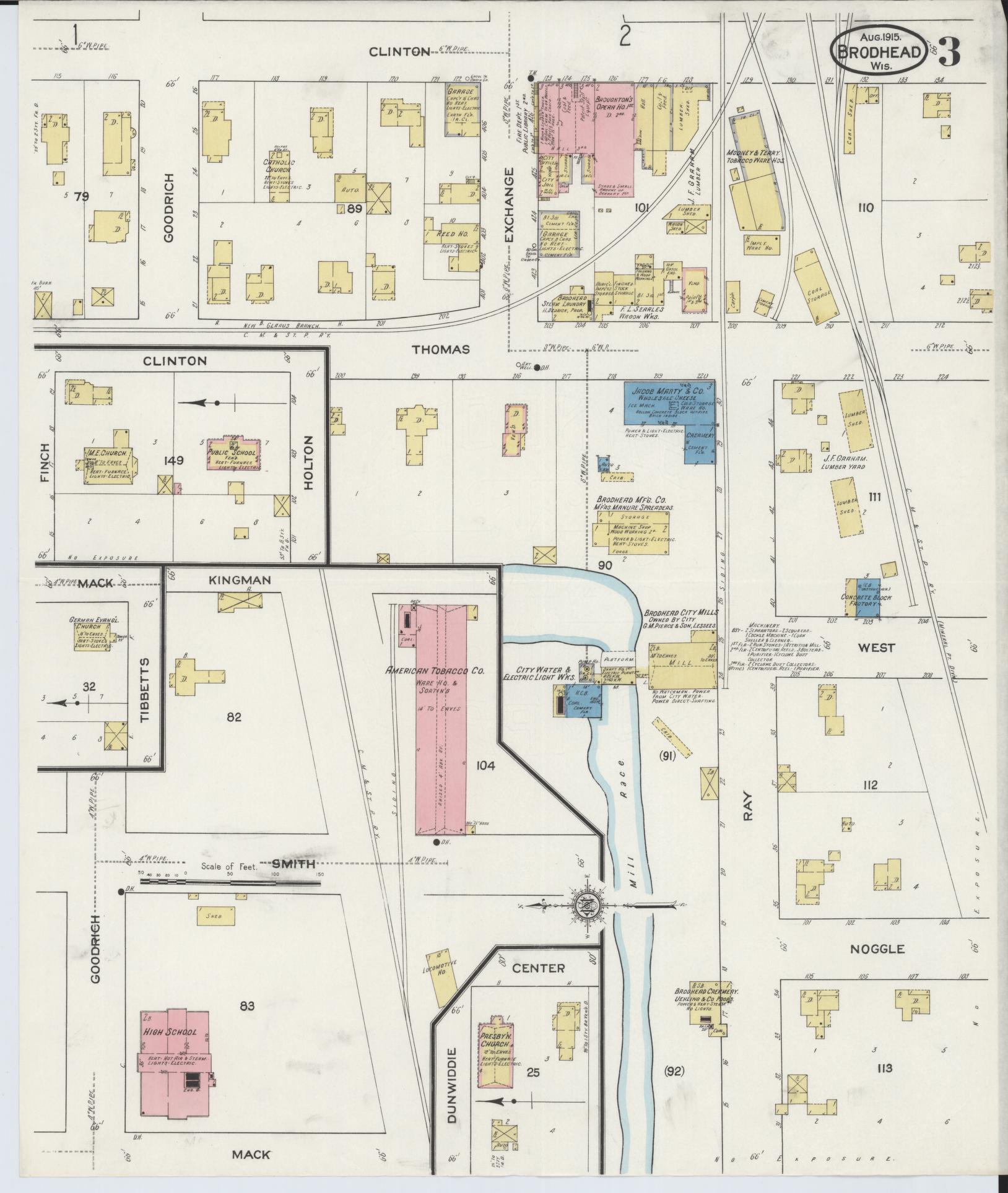 Sanborn Fire Insurance Map from Brodhead, Green County, Wisconsin (1915), Sheet #0003 - Historic Sanborn Fire Insurance Map Print, vintage old map wall art, antique decor, genealogy gift, Wisconsin Wisconsin map