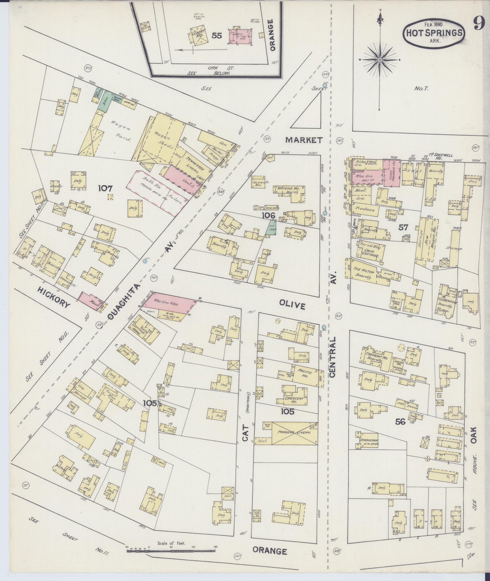 Sanborn Fire Insurance Map from Hot Springs, Garland County, Arkansas (1890), Sheet #0009 - Complete Map Set gallery image, historic Sanborn map, vintage wall art, Arkansas Arkansas