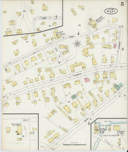 Sanborn Fire Insurance Map from Ware, Hampshire County, Massachusetts (1896), Sheet #0005 - Historic Sanborn Fire Insurance Map Print, vintage old map wall art, antique decor, genealogy gift, Massachusetts Massachusetts map
