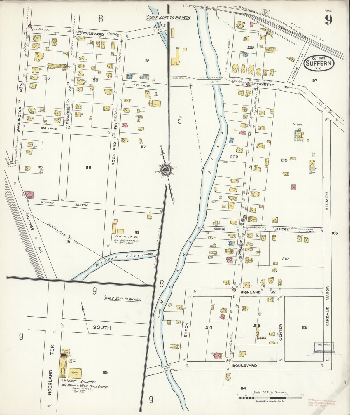 Sanborn Fire Insurance Map from Suffern, Rockland County, New York (1921), Sheet #0009 - Historic Sanborn Fire Insurance Map Print, vintage old map wall art, antique decor, genealogy gift, New York New York map