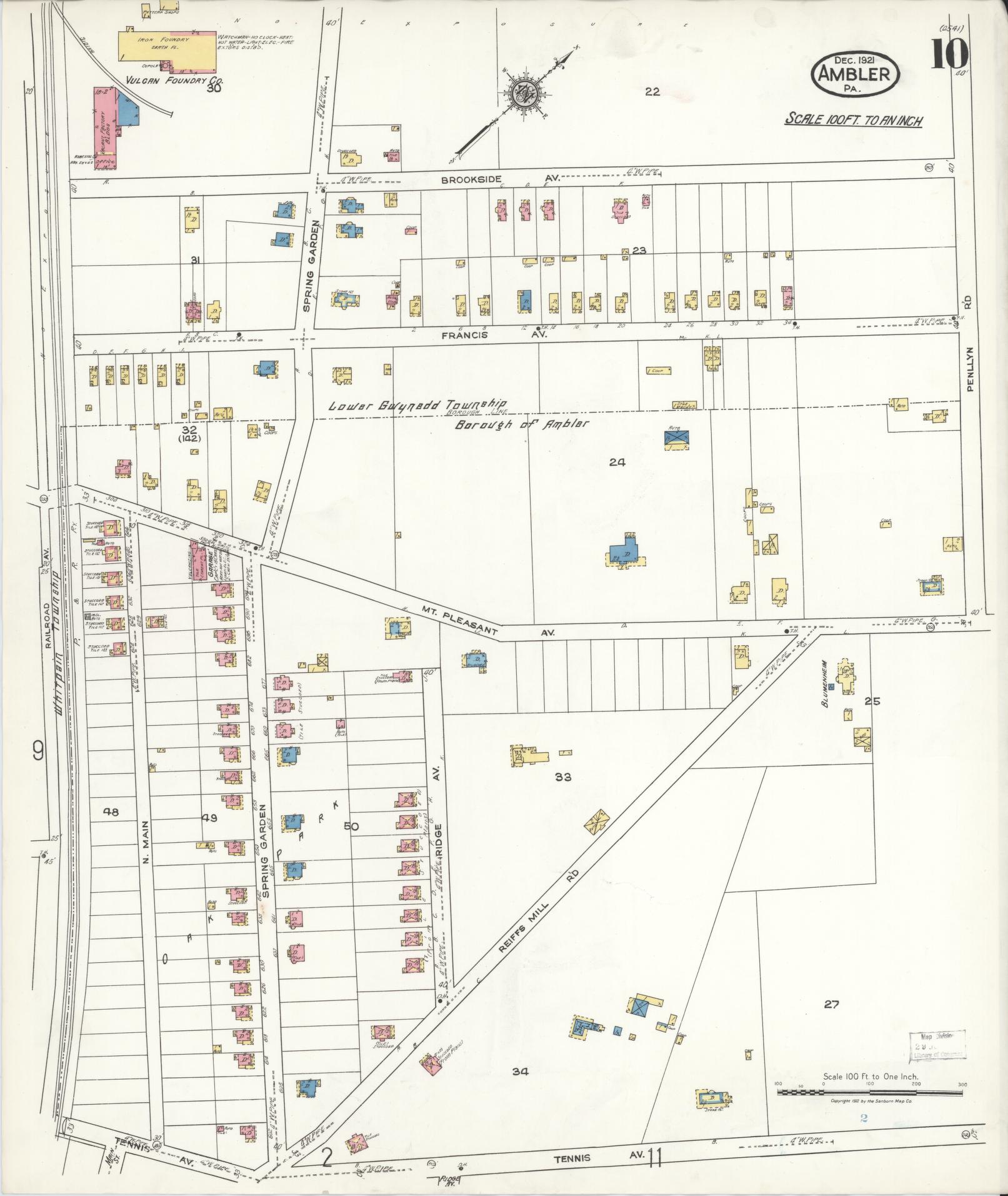 Sanborn Fire Insurance Map from Ambler, Montgomery County, Pennsylvania (1921), Sheet #0010 - Historic Sanborn Fire Insurance Map Print, vintage old map wall art, antique decor, genealogy gift, Pennsylvania Pennsylvania map
