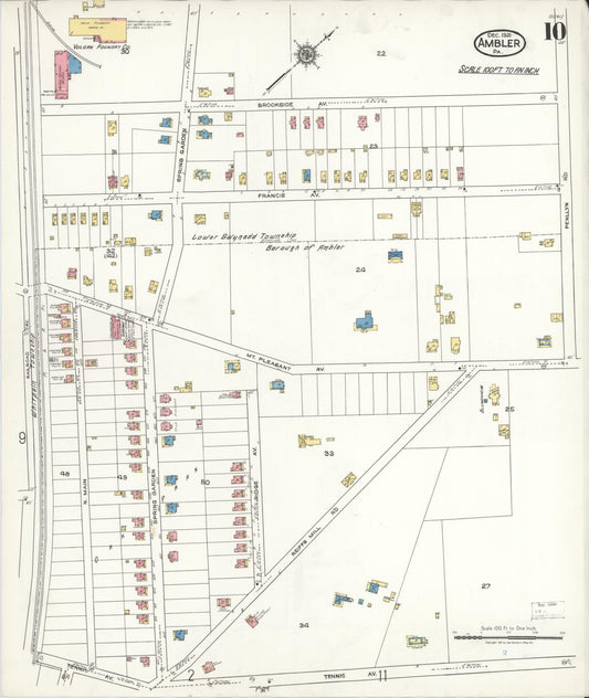 Sanborn Fire Insurance Map from Ambler, Montgomery County, Pennsylvania (1921), Sheet #0010 - Historic Sanborn Fire Insurance Map Print, vintage old map wall art, antique decor, genealogy gift, Pennsylvania Pennsylvania map