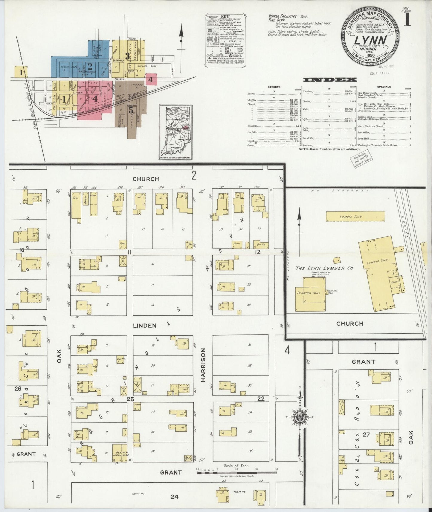 Sanborn Fire Insurance Map from Lynn, Randolph County, Indiana (1920), Sheet #0001 - Complete Map Set gallery image, historic Sanborn map, vintage wall art, Indiana Indiana