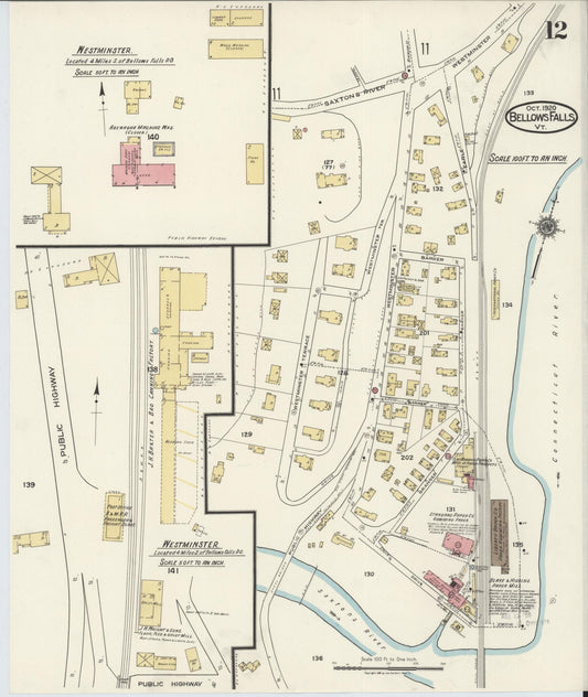 Sanborn Fire Insurance Map from Bellows Falls, Windham County, Vermont (1920), Sheet #0012 - Historic Sanborn Fire Insurance Map Print, vintage old map wall art, antique decor, genealogy gift, Vermont Vermont map