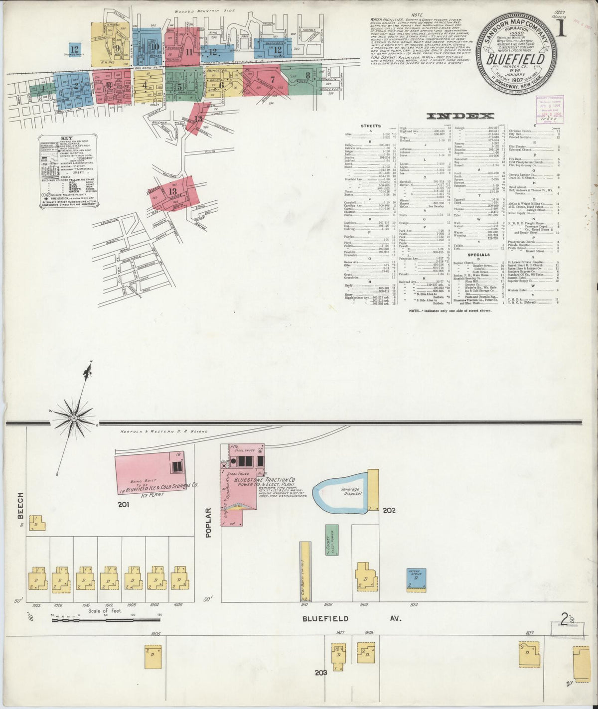 Sanborn Fire Insurance Map from Bluefield, Mercer County, West Virginia (1907), Sheet #0001 - Complete Map Set gallery image, historic Sanborn map, vintage wall art, West Virginia West Virginia