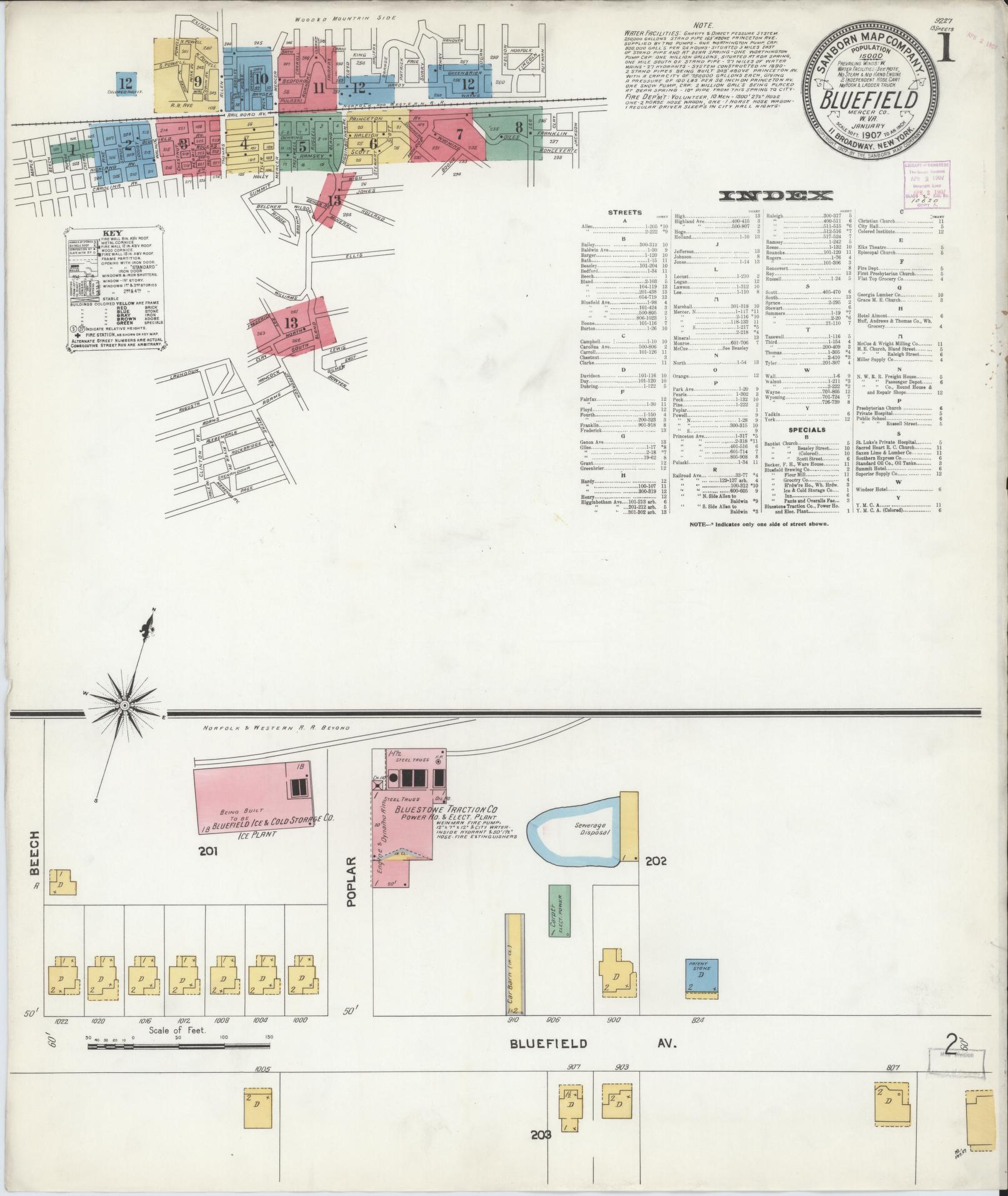 Sanborn Fire Insurance Map from Bluefield, Mercer County, West Virginia (1907), Sheet #0001 - Complete Map Set gallery image, historic Sanborn map, vintage wall art, West Virginia West Virginia