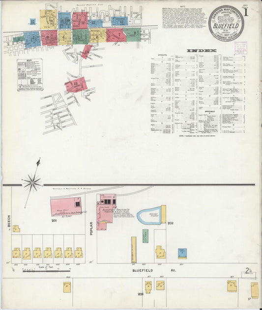 Sanborn Fire Insurance Map from Bluefield, Mercer County, West Virginia (1907), Sheet #0001 - Complete Map Set gallery image, historic Sanborn map, vintage wall art, West Virginia West Virginia