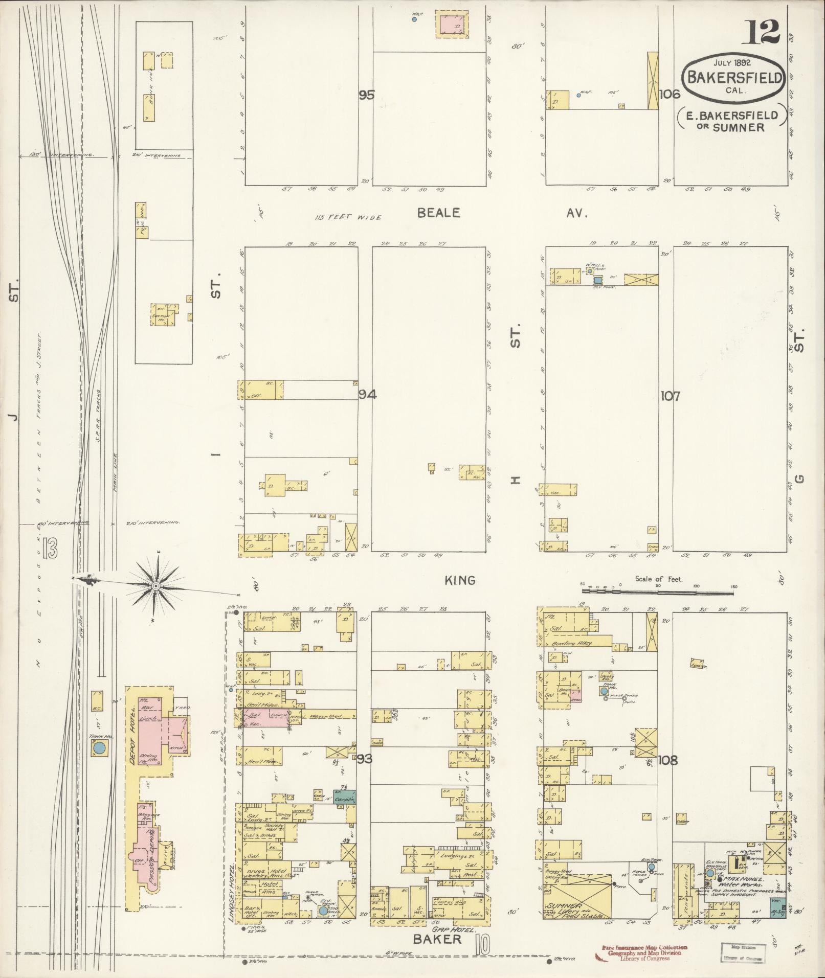 Sanborn Fire Insurance Map from Bakersfield, Kern County, California (1892), Sheet #0012 - Historic Sanborn Fire Insurance Map Print, vintage old map wall art, antique decor, genealogy gift, California California map