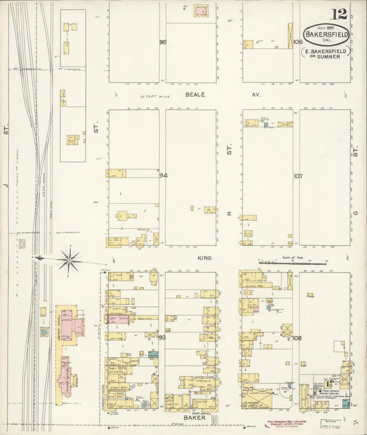 Sanborn Fire Insurance Map from Bakersfield, Kern County, California (1892), Sheet #0012 - Historic Sanborn Fire Insurance Map Print, vintage old map wall art, antique decor, genealogy gift, California California map