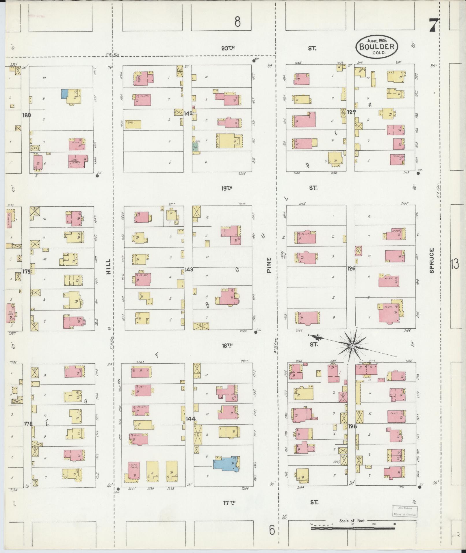 Sanborn Fire Insurance Map from Boulder, Boulder County, Colorado (1906), Sheet #0007 - Historic Sanborn Fire Insurance Map Print, vintage old map wall art, antique decor, genealogy gift, Colorado Colorado map