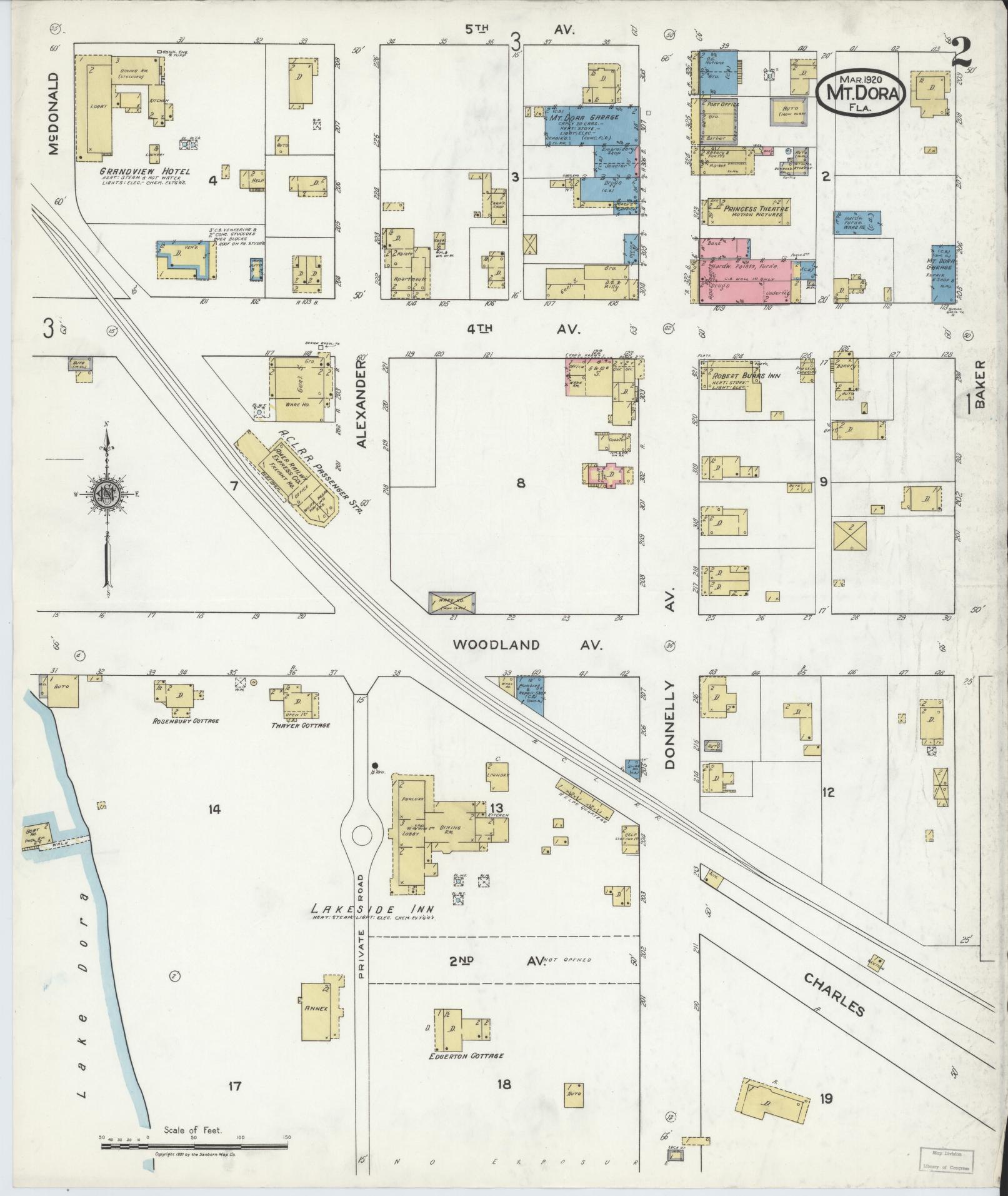Sanborn Fire Insurance Map from Mount Dora, Lake County, Florida (1920), Sheet #0002 - Complete Map Set gallery image, historic Sanborn map, vintage wall art, Florida Florida