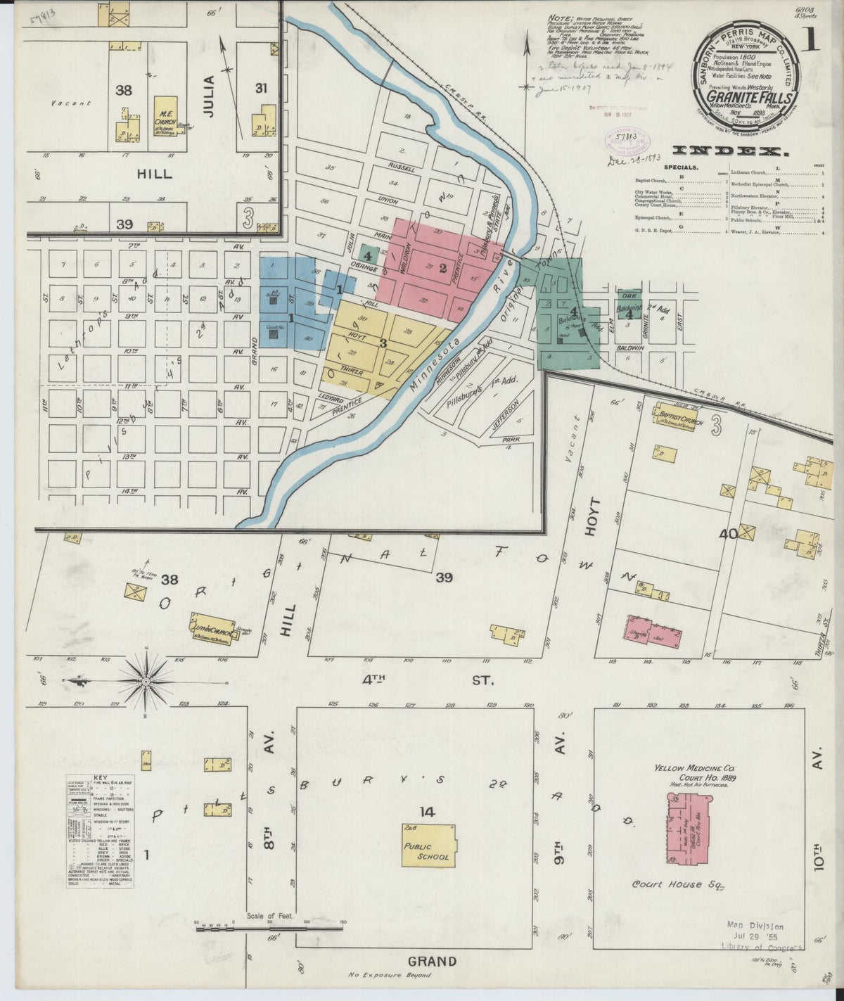 Sanborn Fire Insurance Map from Granite Falls, Yellow Medicine And Chippewa Counties, Minnesota (1893), Sheet #0001 - Complete Map Set gallery image, historic Sanborn map, vintage wall art, Minnesota Minnesota