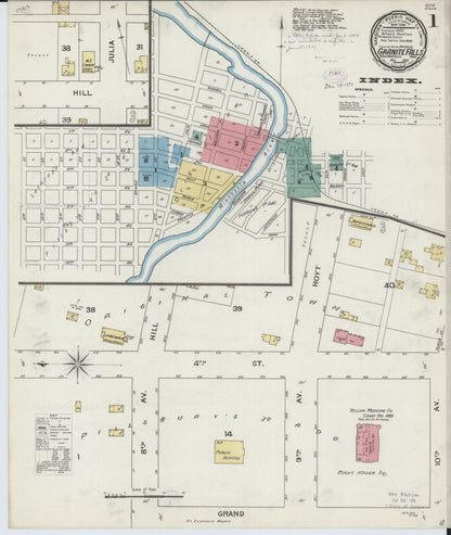 Sanborn Fire Insurance Map from Granite Falls, Yellow Medicine And Chippewa Counties, Minnesota (1893), Sheet #0001 - Complete Map Set gallery image, historic Sanborn map, vintage wall art, Minnesota Minnesota