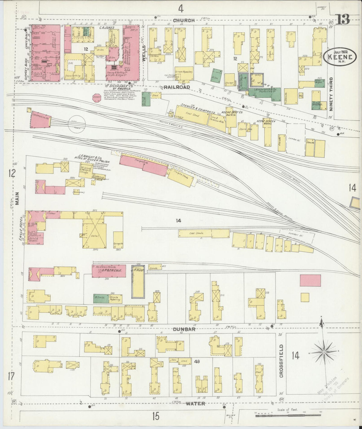 Sanborn Fire Insurance Map from Keene, Cheshire County, New Hampshire (1902), Sheet #0013 - Historic Sanborn Fire Insurance Map Print, vintage old map wall art, antique decor, genealogy gift, New Hampshire New Hampshire map