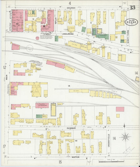 Sanborn Fire Insurance Map from Keene, Cheshire County, New Hampshire (1902), Sheet #0013 - Historic Sanborn Fire Insurance Map Print, vintage old map wall art, antique decor, genealogy gift, New Hampshire New Hampshire map