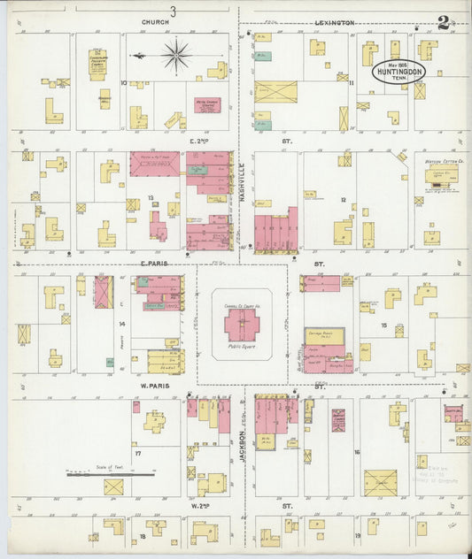 Sanborn Fire Insurance Map from Huntingdon, Carroll County, Tennessee (1905), Sheet #0002 - Historic Sanborn Fire Insurance Map Print, vintage old map wall art, antique decor, genealogy gift, Tennessee Tennessee map