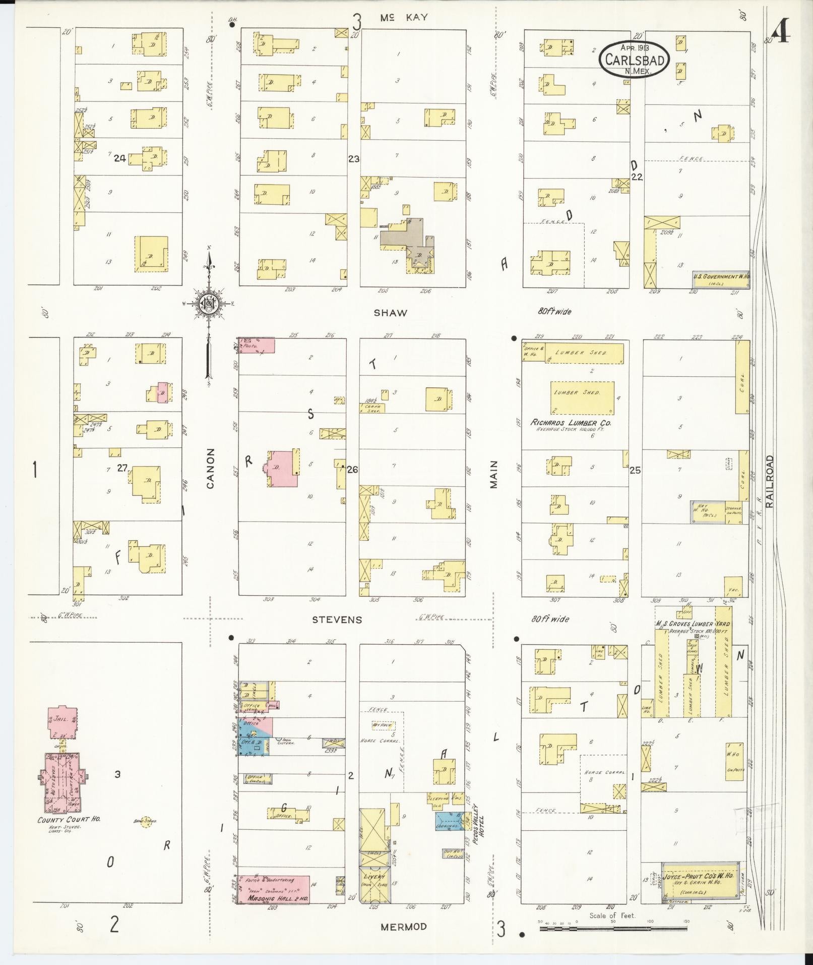 Sanborn Fire Insurance Map from Carlsbad, Eddy County, New Mexico (1913), Sheet #0004 - Historic Sanborn Fire Insurance Map Print, vintage old map wall art, antique decor, genealogy gift, New Mexico New Mexico map